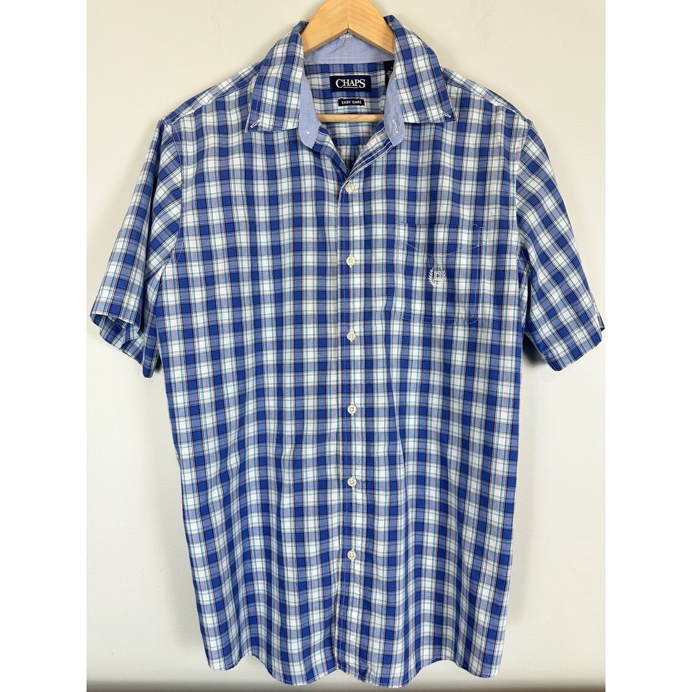 Chaps Men's Plaid Button Down Shirt Large Blue Green Short Sleeve Easy Care